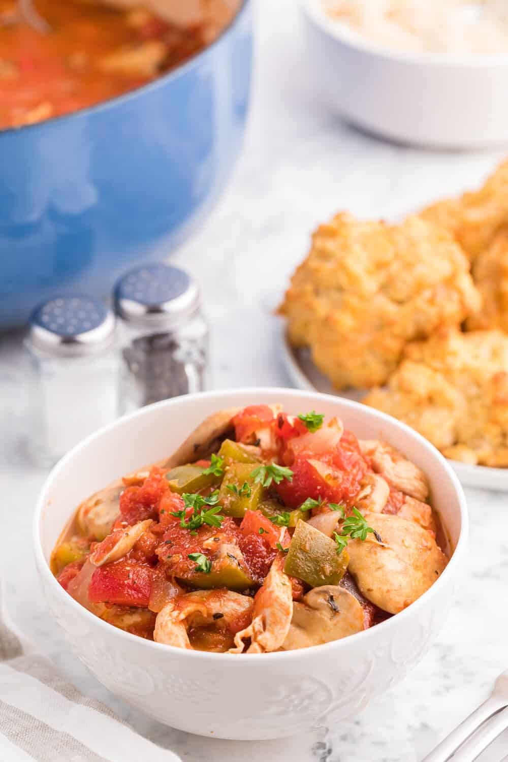 One-Pot Chicken Cacciatore - This is a delicious pantry staple casserole. Made with common ingredients like chicken, green peppers, mushrooms, onions and canned tomatoes, you can throw the ingredients in just one pot - quick to make and quick to clean up!