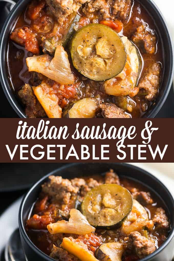 Italian Sausage and Vegetable Stew - A stick-to-your-ribs slow cooker soup! The Mediterranean vegetables blend with zucchini and Italian sausage for the heartiest stew. 