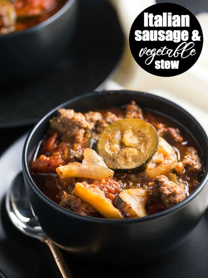 Italian Sausage and Vegetable Stew - A stick-to-your-ribs slow cooker soup! The Mediterranean vegetables blend with zucchini and Italian sausage for the heartiest stew. 
