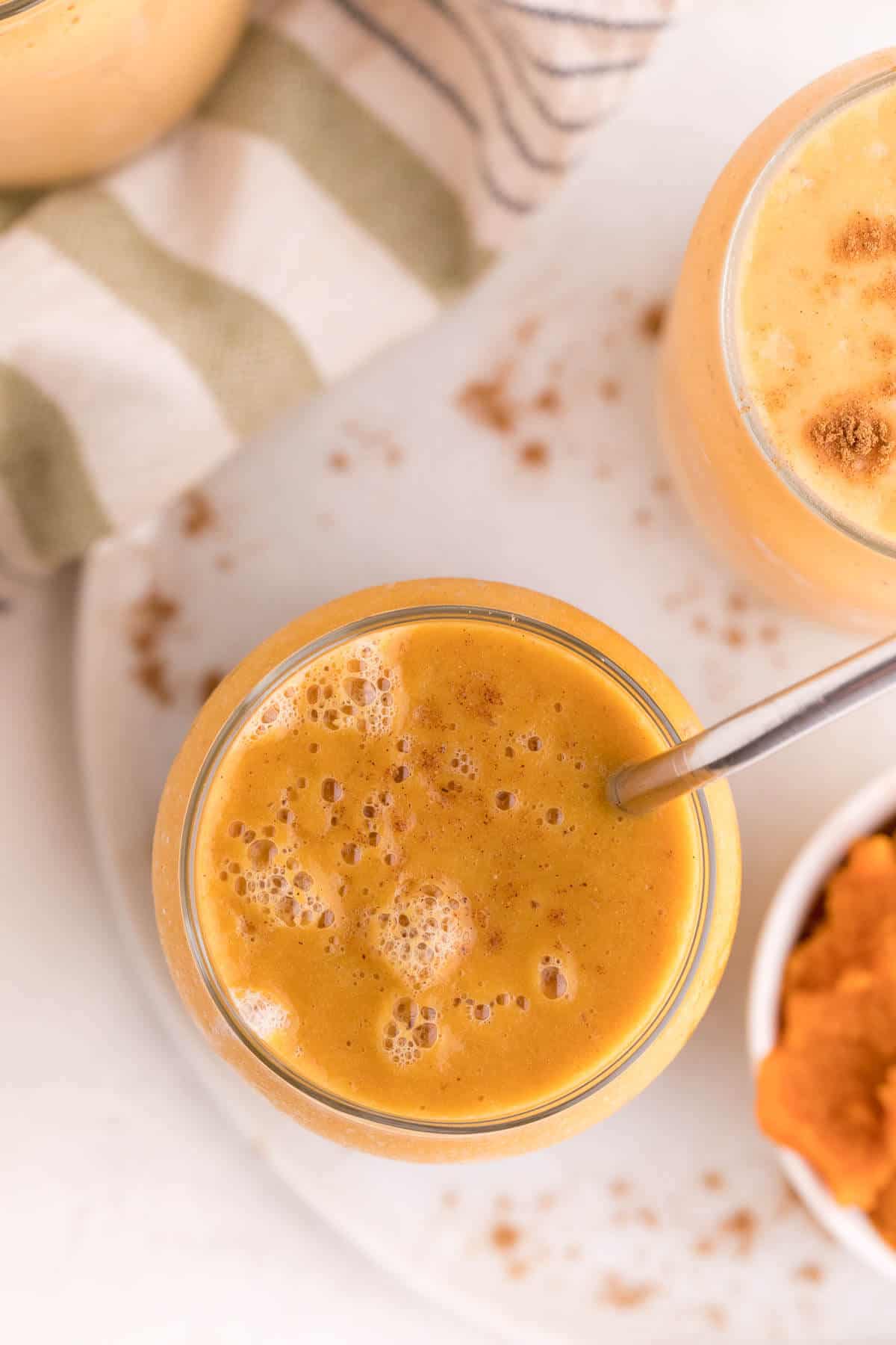 Overhead view of pumpkin pie smoothie.