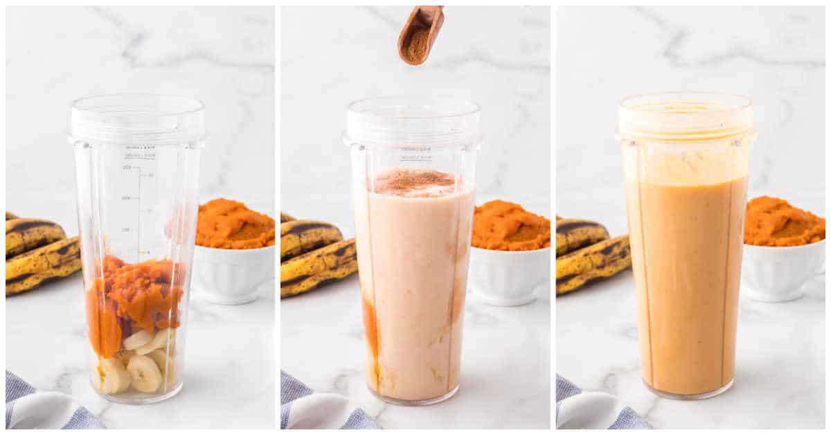 Steps to make pumpkin pie smoothie.