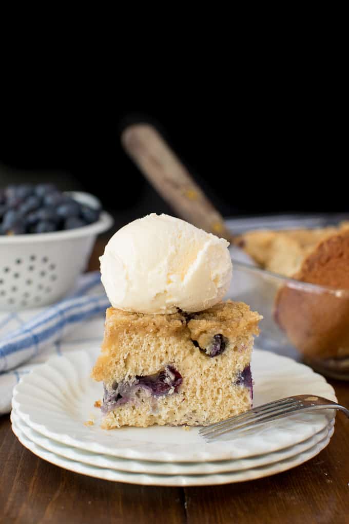 Blueberry Buckle - A single layer of blueberry cake with a sweet streusel topping. Serve with a scoop of vanilla ice cream!