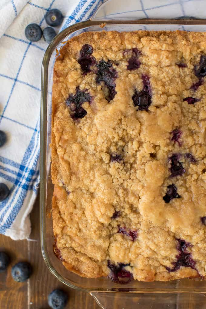 Blueberry buckle in a glass pan.