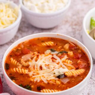 Lasagna soup in a white bowl.