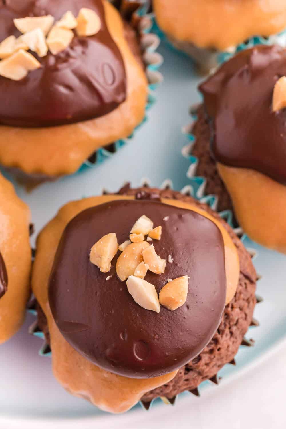 close up of peanut butter brownie cupcakes