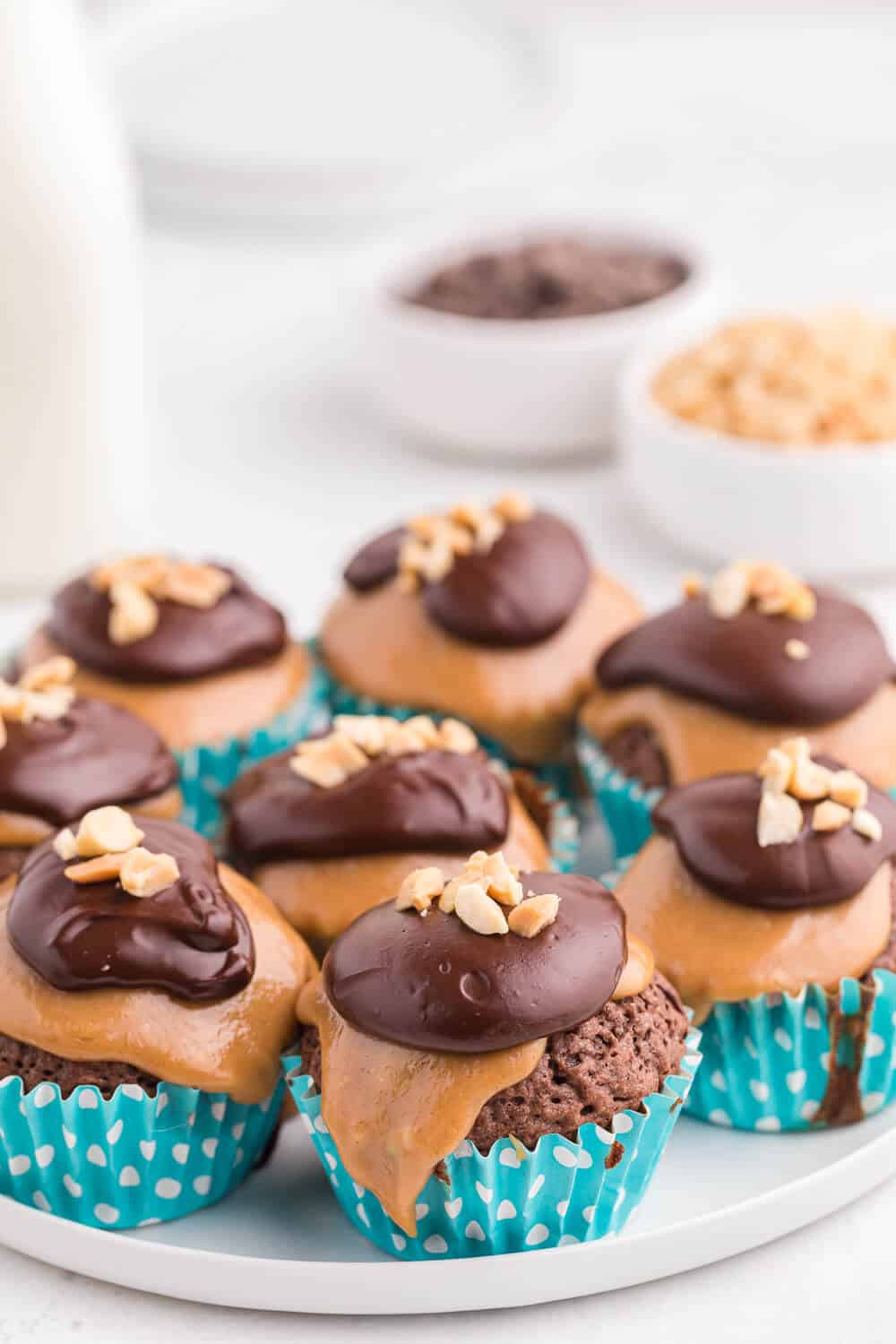 peanut butter brownie cupcakes on a white plate