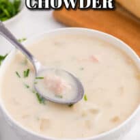 Salmon chowder pin image.