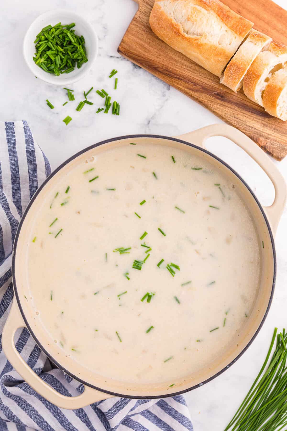 Salmon chowder in a dutch oven.