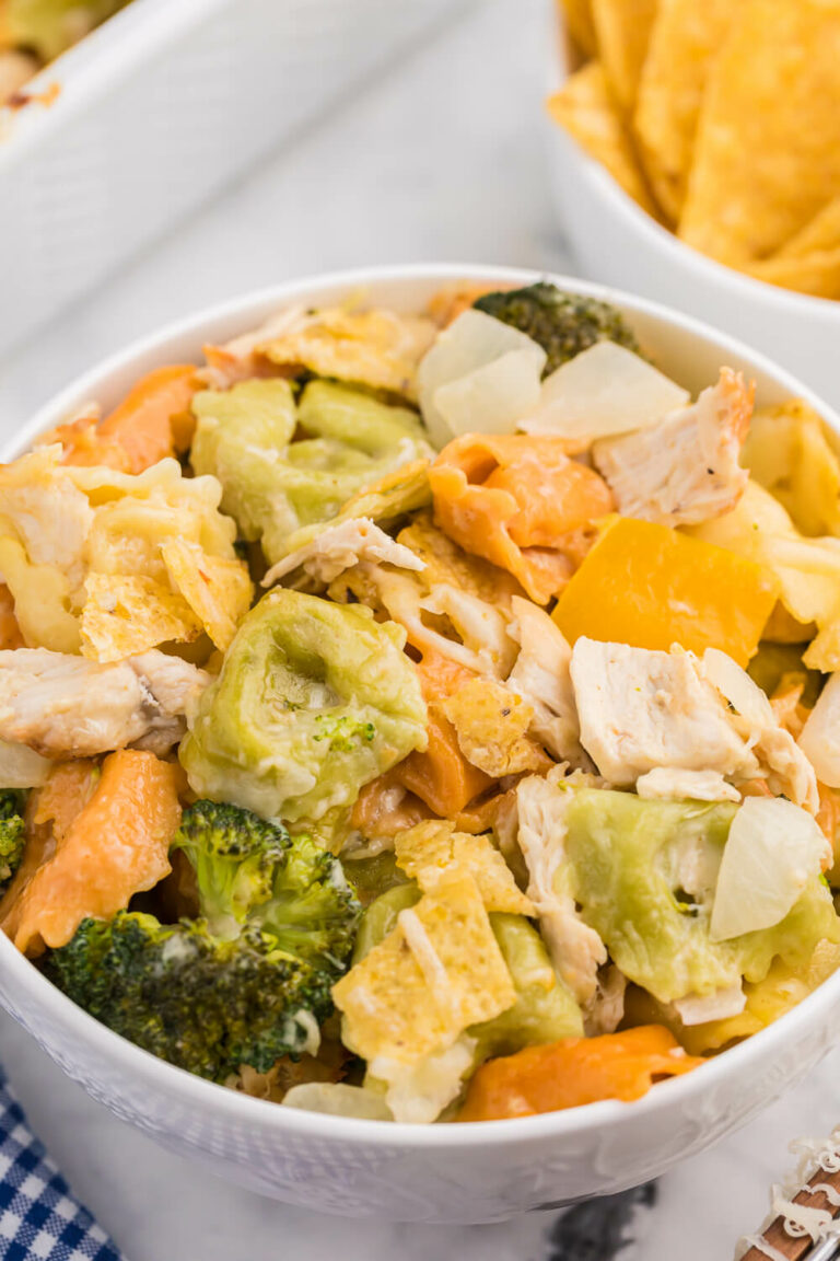 Santa Fe Chicken Tortellini Casserole - Creamy tortellini pasta with veggies topped with crunchy tortilla chips.