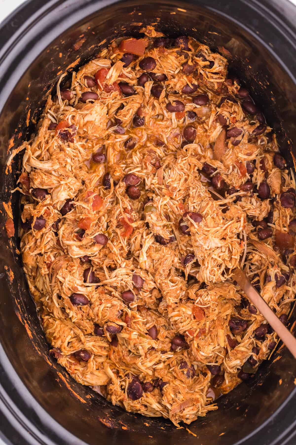 Salsa chicken in a slow cooker.