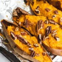 Twice Baked Sweet Potatoes - Creamy and rich made with maple syrup and cream cheese. One of my fave sides!