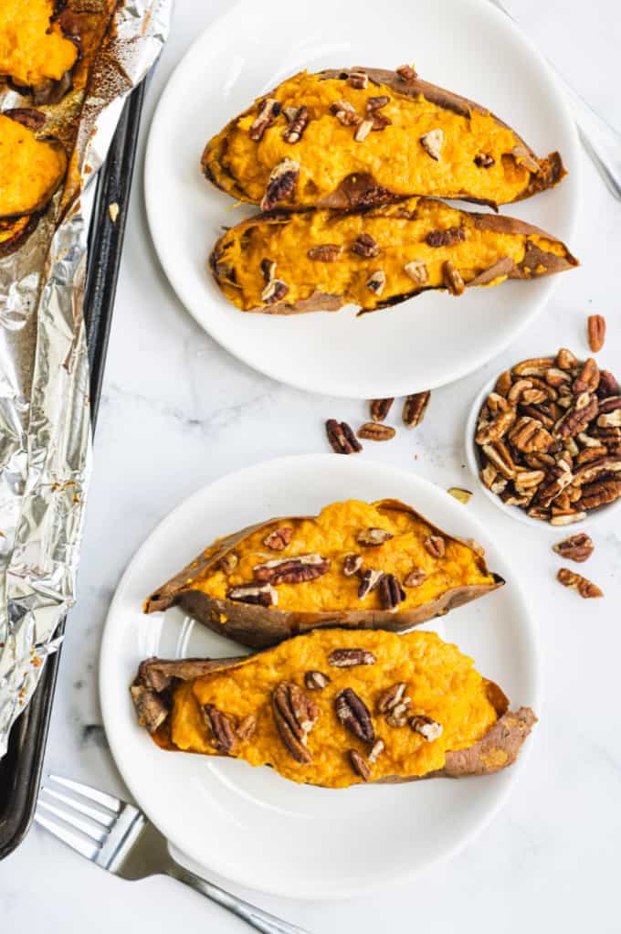 Twice Baked Sweet Potatoes - Creamy and rich made with maple syrup and cream cheese. Sweet and savory sweet potatoes are as decadent as the famous casserole, but easy enough for a weeknight dinner.