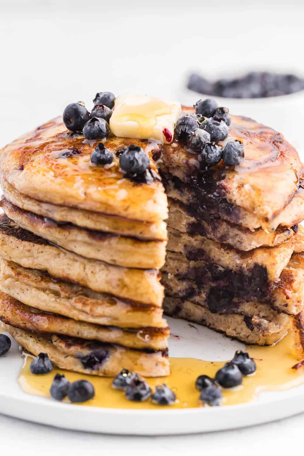 Whole Wheat Blueberry Pancakes - Blueberries are a wonder food, packed with fibre and antioxidants. Mixed into a light and fluffy whole wheat batter, these are a great way to add some extra nutrition without sacrificing delicious flavour.