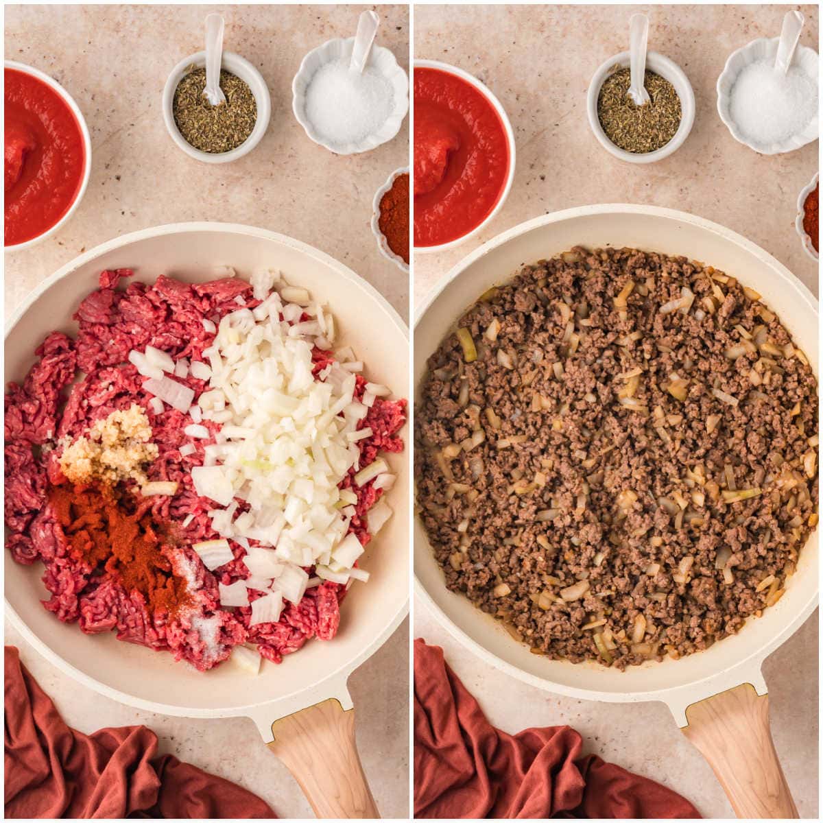 Collage of cooking beef, onions and spices in a pan.
