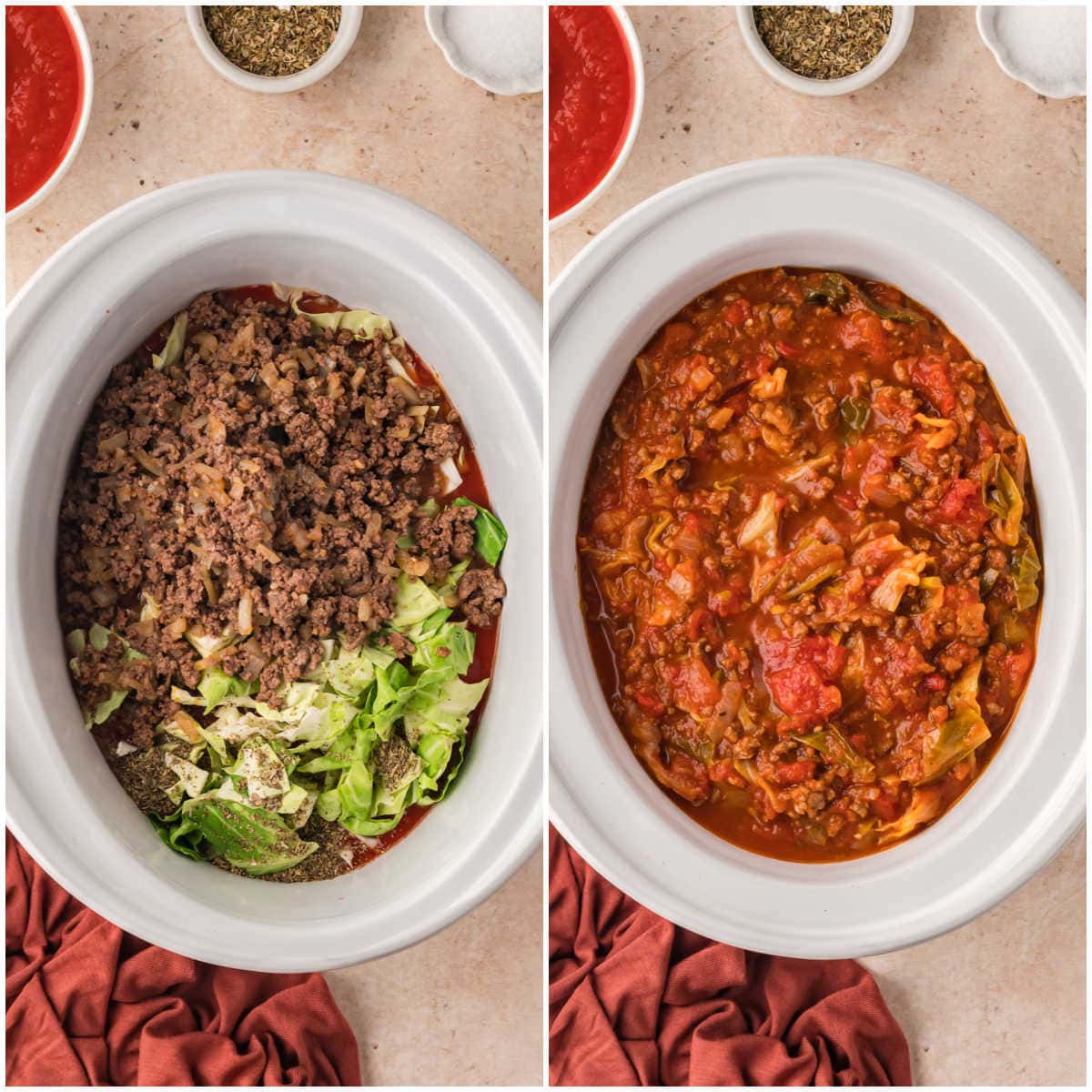 Collage of adding ingredients to a white slow cooker.