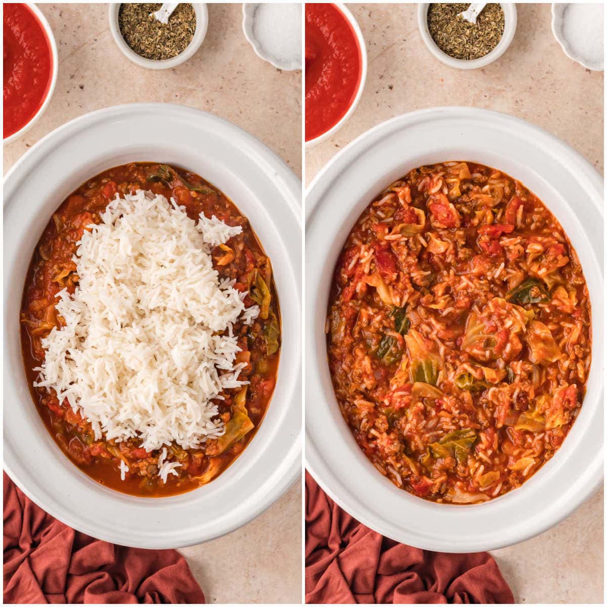 Collage of adding rice to a white slow cooker.