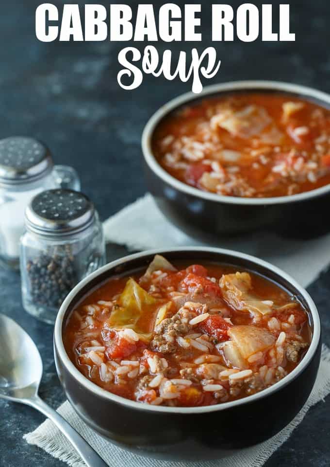 Cabbage Roll Soup - Hearty and comforting! This delicious and easy slow cooker soup recipe is loaded with tender cabbage, ground beef, oregano, garlic, and tomatoes. Everything you love about a cabbage roll, but 100 times easier to make. Yum!