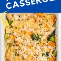 Santa Fe Chicken Tortellini Casserole - Tortellini pasta with veggies and chicken enveloped in a creamy sauce and topped with crunchy tortilla chips. An easy family dinner recipe ready in under 1 hour.