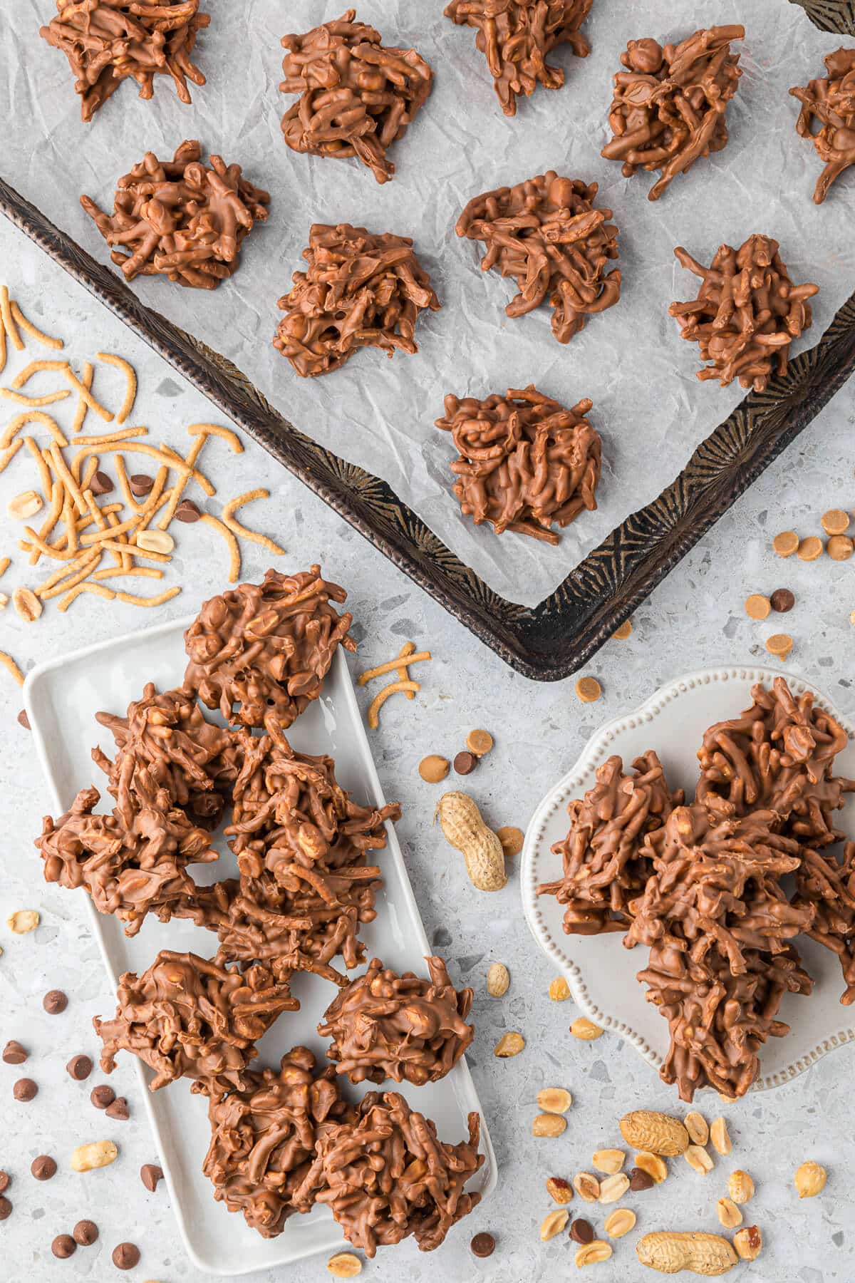 Haystacks on a platter, plate and baking sheet.