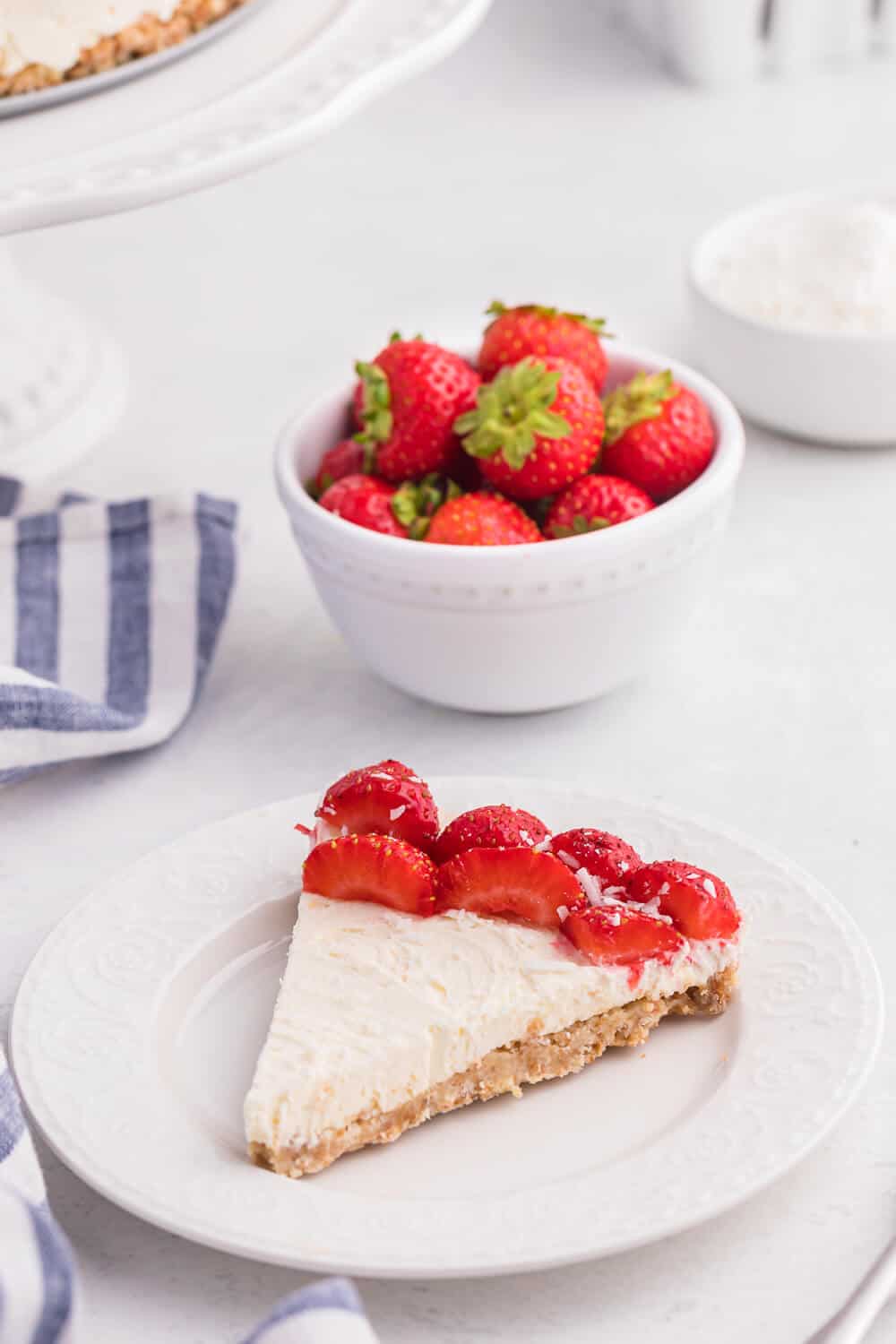 A slice of no-bake strawberry cheesecake