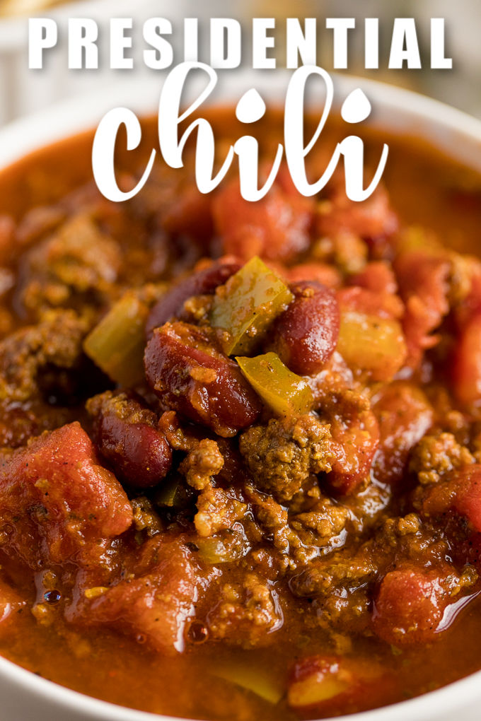 Presidential Chili - The best hearty chili recipe made with a secret ingredient! Warm up with a bowl of meaty comfort food packed with ground beef and seasoned kidney beans.