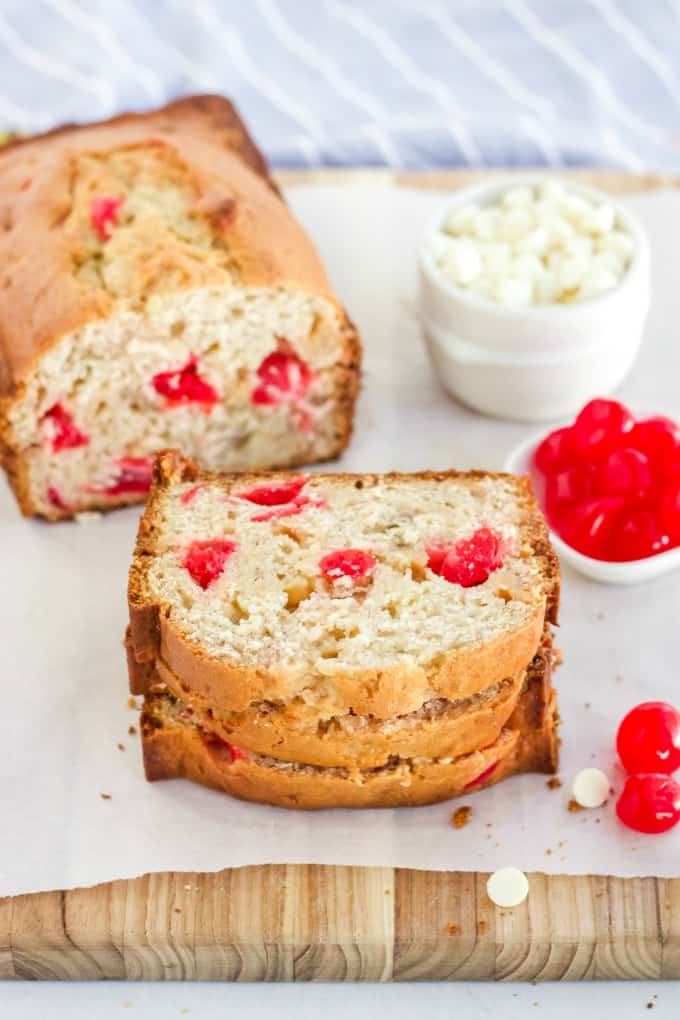 White Chocolate Cherry Banana Bread - This is a great twist on traditional banana bread - chocked full of maraschino cherries and white chocolate. If you added in some nuts and milk chocolate, it would taste just like a banana split!