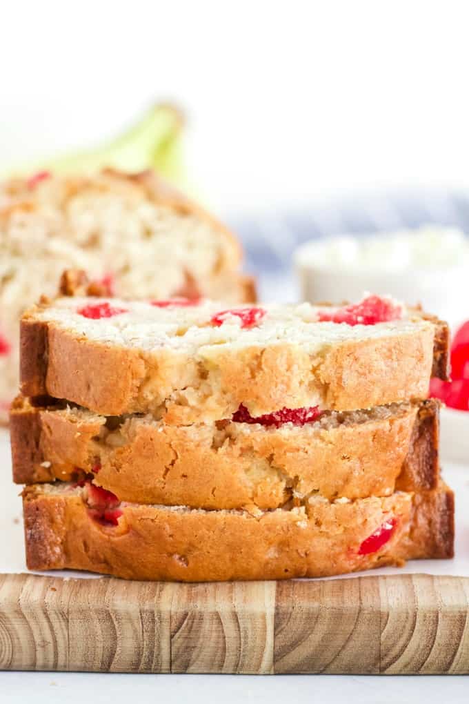 White Chocolate Cherry Banana Bread - This is a great twist on traditional banana bread - chocked full of maraschino cherries and white chocolate. If you added in some nuts and milk chocolate, it would taste just like a banana split!