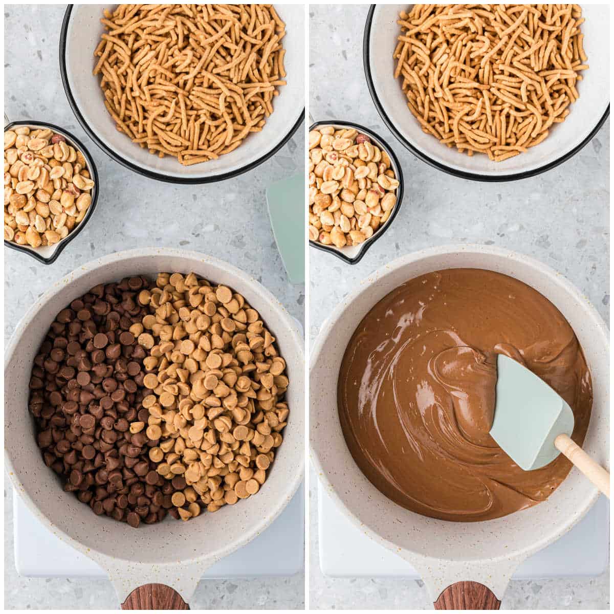 Steps to make chocolate peanut butter haystacks.