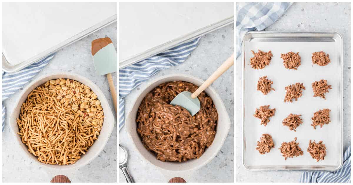 Steps to make chocolate peanut butter haystacks.