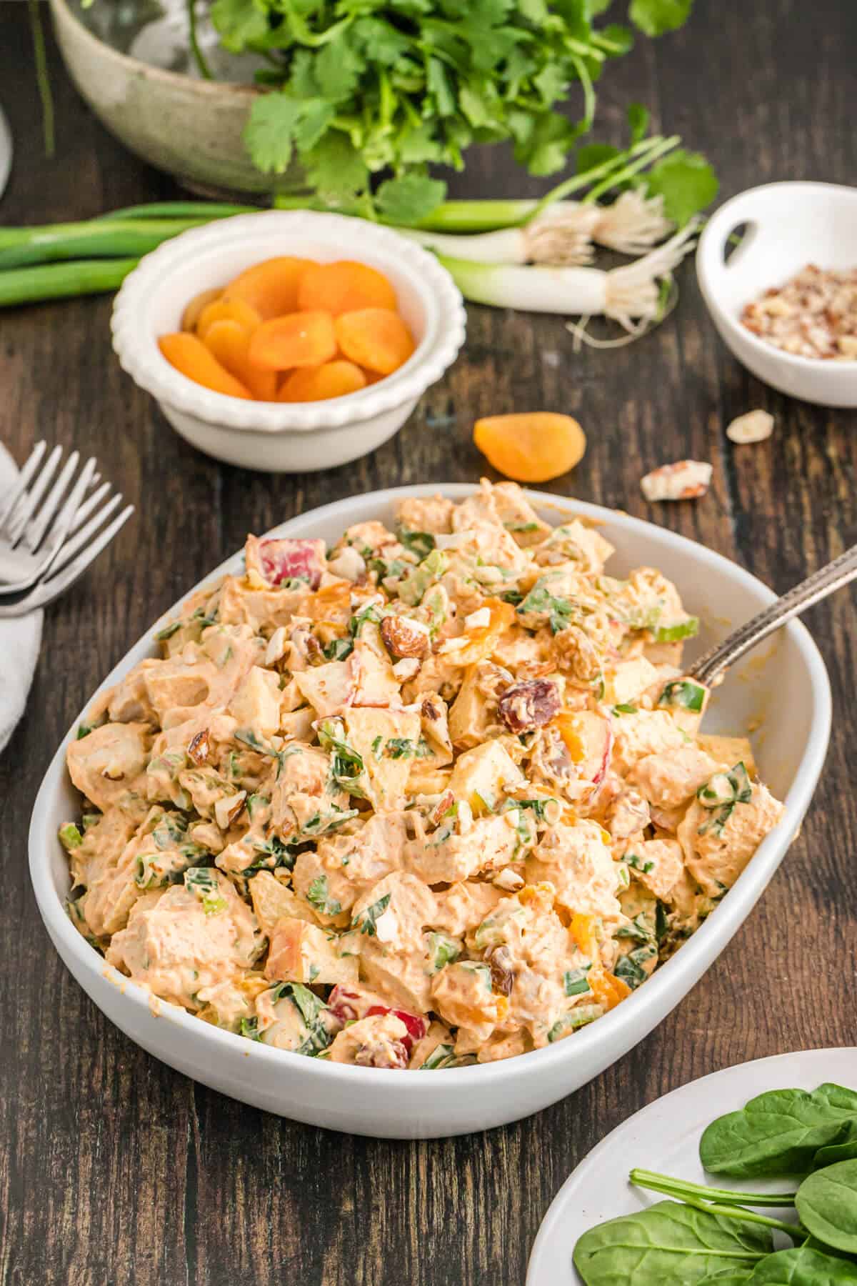 Curried chicken salad in a white serving bowl with a spoon.