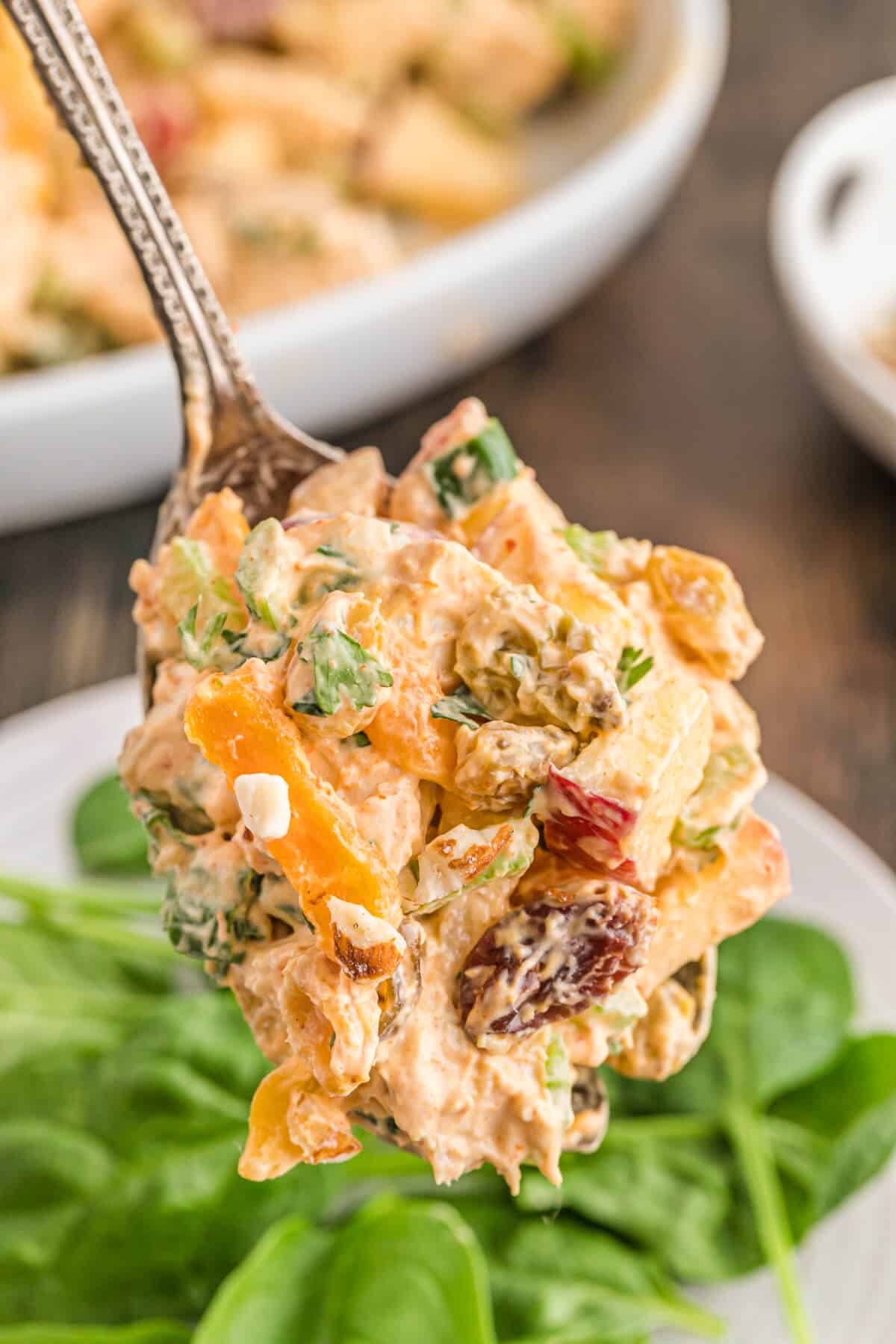 A serving spoon with Famous curried chicken salad on it.