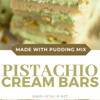 Pistachio Cream Bars - Made with a shortbread cookie base and filling that is a cross between a pudding and cheesecake. This vibrantly coloured dessert is a great make-ahead dish for entertaining. The crowd pleasing flavour of pistachio will be a winner!