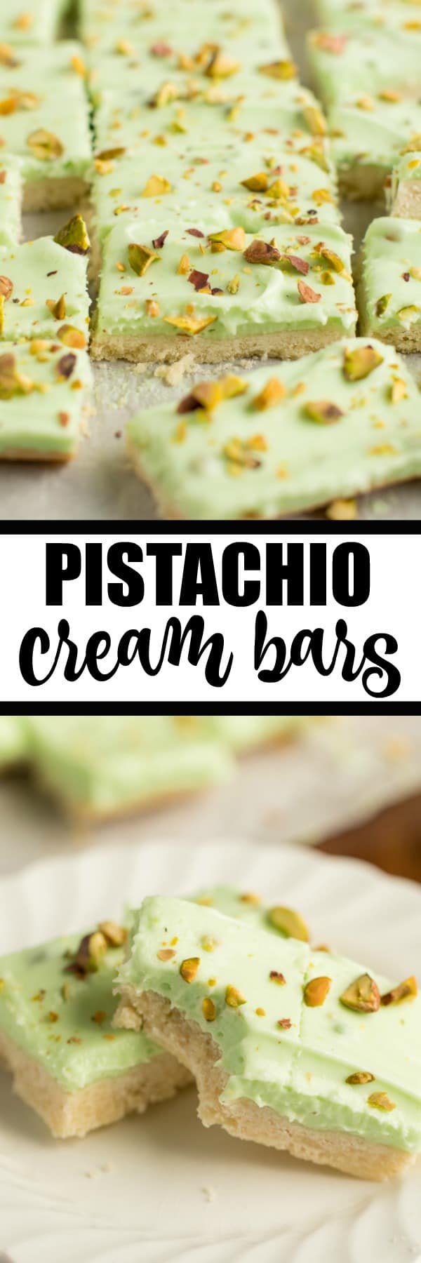 Pistachio Cream Bars - Made with a shortbread cookie base and filling that is a cross between a pudding and cheesecake. This vibrantly coloured dessert is a great make-ahead dish for entertaining. The crowd pleasing flavour of pistachio will be a winner!