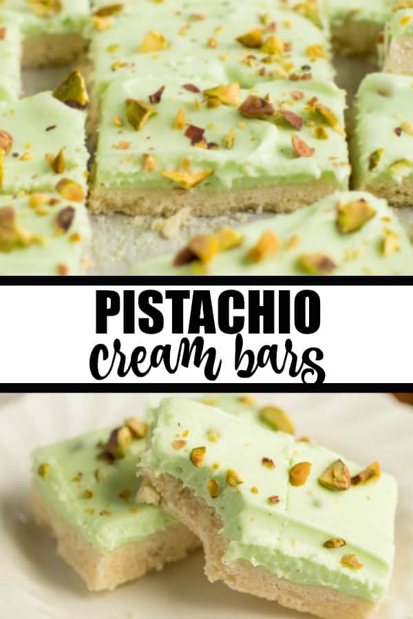 Pistachio Cream Bars - Made with a shortbread cookie base and filling that is a cross between a pudding and cheesecake. This vibrantly coloured dessert is a great make-ahead dish for entertaining. The crowd pleasing flavour of pistachio will be a winner!