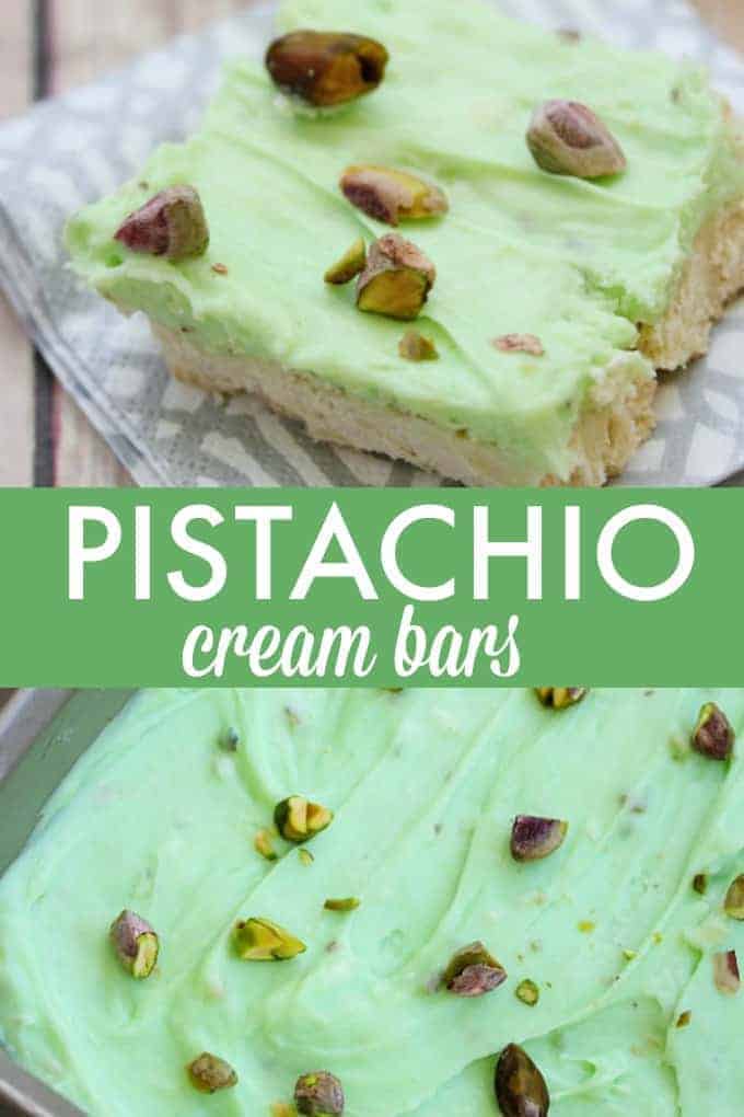 Pistachio Cream Bars - Made with a shortbread cookie base and filling that is a cross between a pudding and cheesecake. This vibrantly coloured dessert is a great make-ahead dish for entertaining. The crowd pleasing flavour of pistachio will be a winner!