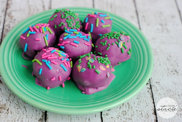Purple Oreo Truffles - Crushed Oreo cookies wrapped in a candy melt with sprinkles!