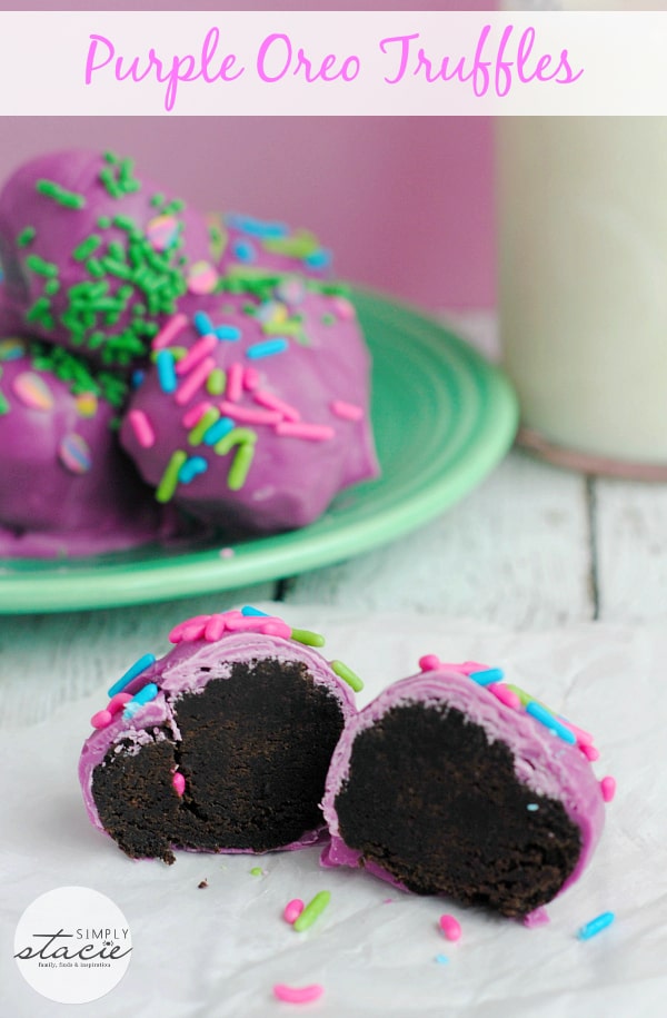 Purple Oreo Truffles - Crushed Oreo cookies wrapped in a candy melt with sprinkles!