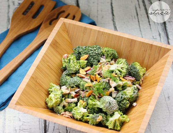 Broccoli Salad with Homemade Ranch Dressing - Perfect for your next barbecue with this dairy-free salad recipe! This easy vegetable side dish is super crunchy with loads of fresh broccoli, red onion, bacon, golden raisins and almonds and is covered in a creamy dairy-free homemade ranch dressing.