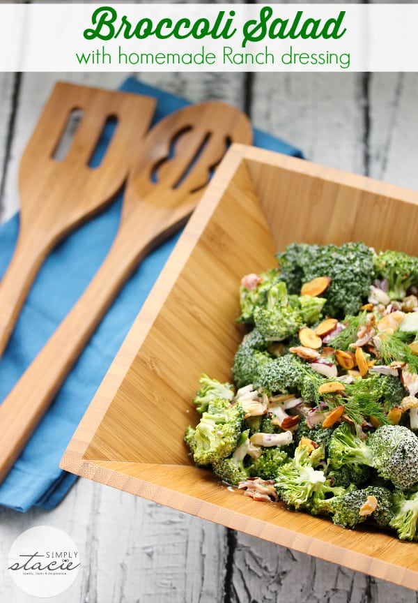 Broccoli Salad with Homemade Ranch Dressing - Perfect for your next barbecue with this dairy-free salad recipe! This easy vegetable side dish is super crunchy with loads of fresh broccoli, red onion, bacon, golden raisins and almonds and is covered in a creamy dairy-free homemade ranch dressing.