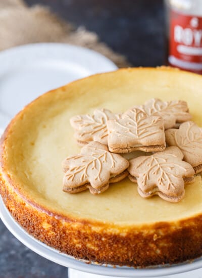 Maple Syrup Cheesecake - This might be the most Canadian cheesecake ever made! Using maple syrup to sweeten the cheesecake batter, and with maple syrup drizzled on top before serving, this smooth and creamy cheesecake is a great year round recipe - and perfect for a Canada Day celebration.