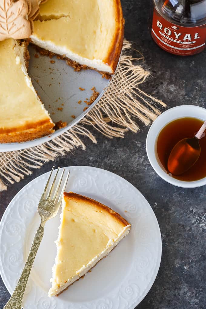 Maple Syrup Cheesecake - This might be the most Canadian cheesecake ever made! Using maple syrup to sweeten the cheesecake batter, and with maple syrup drizzled on top before serving, this smooth and creamy cheesecake is a great year round recipe - and perfect for a Canada Day celebration.