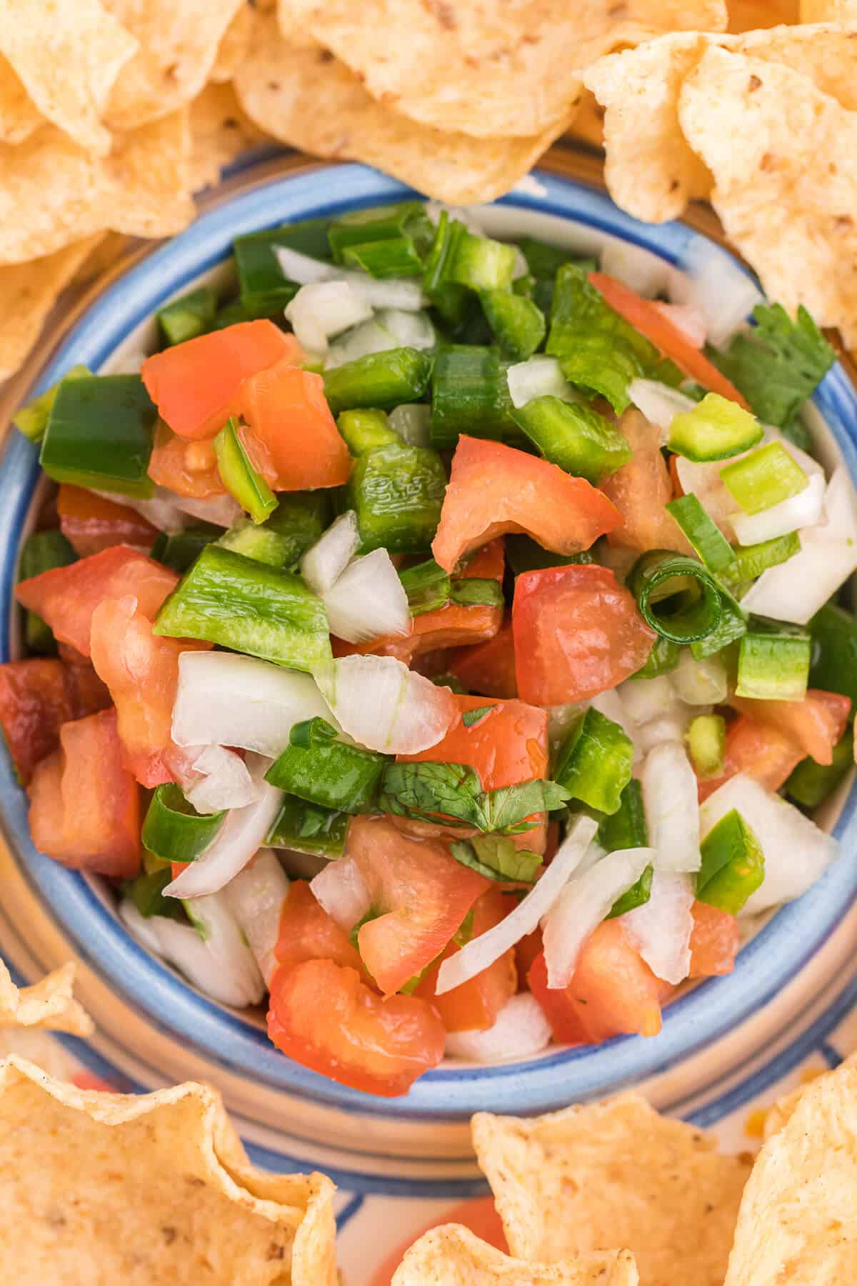 Pico de Gallo close up with tortilla chips.