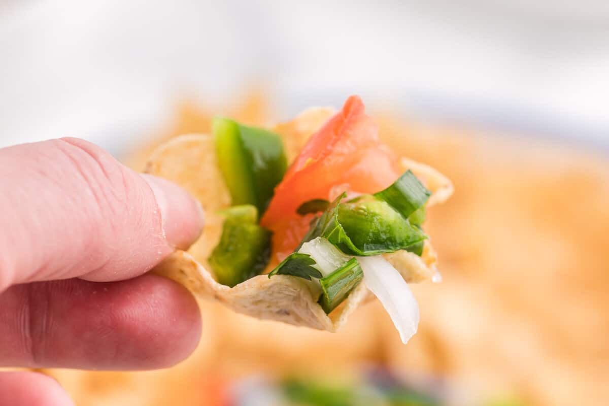 A hand holding a chip with pico de gallo.