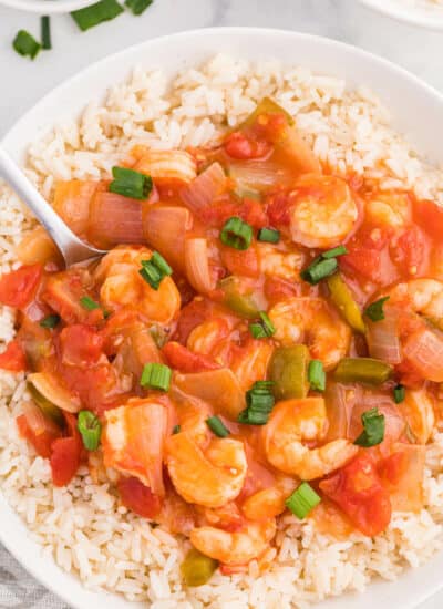 The recipe in a bowl with rice with a spoon.