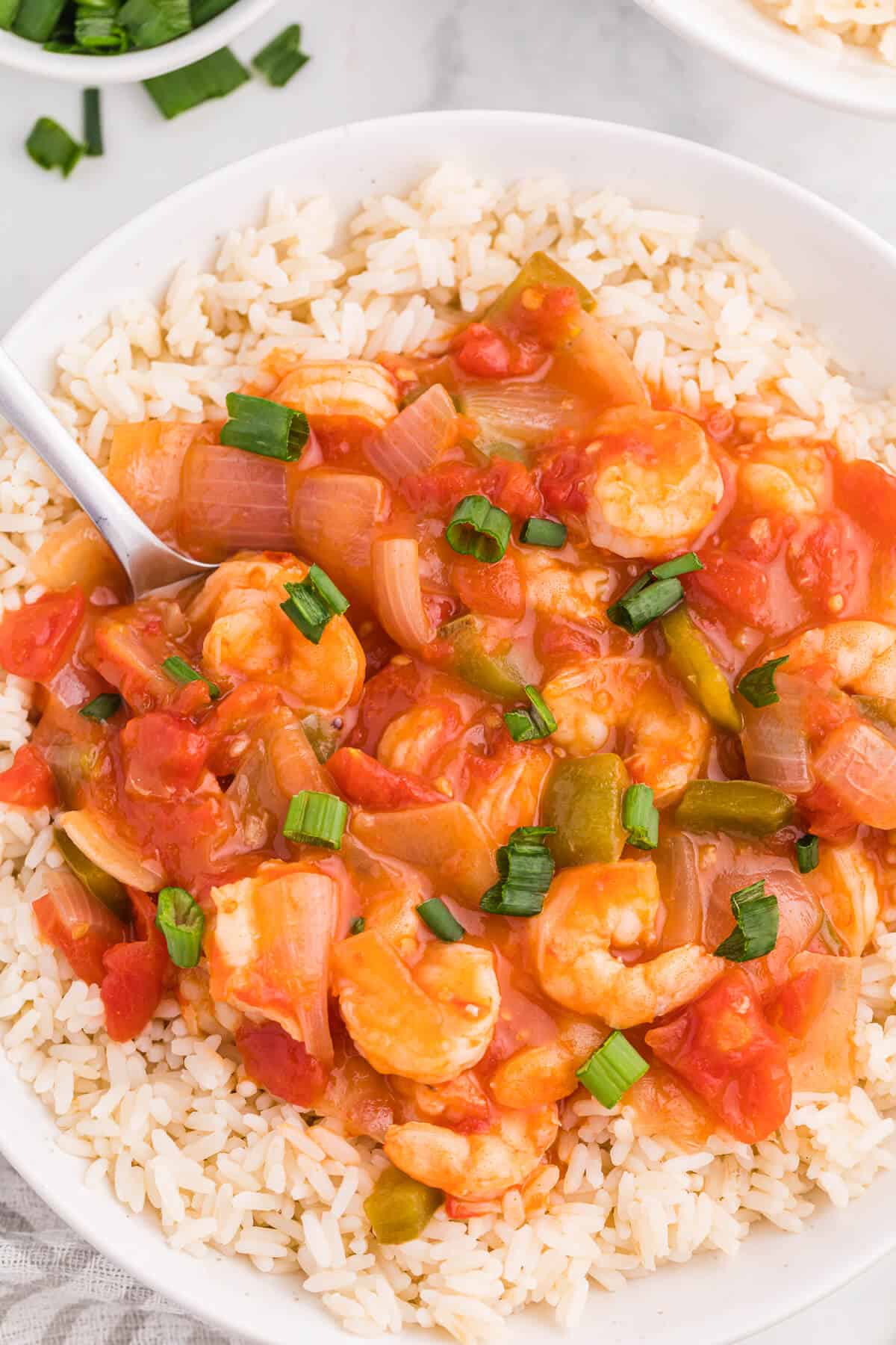 Shrimp creole in a bowl with rice with a spoon.