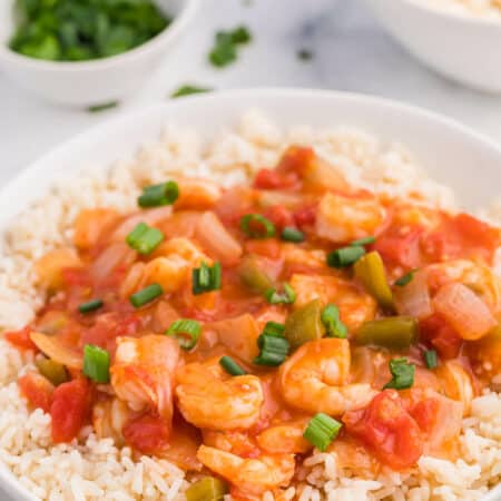 Shrimp creole in a bowl over a bed of rice.