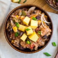 A bowl of slow cooker chicken quinoa chili.