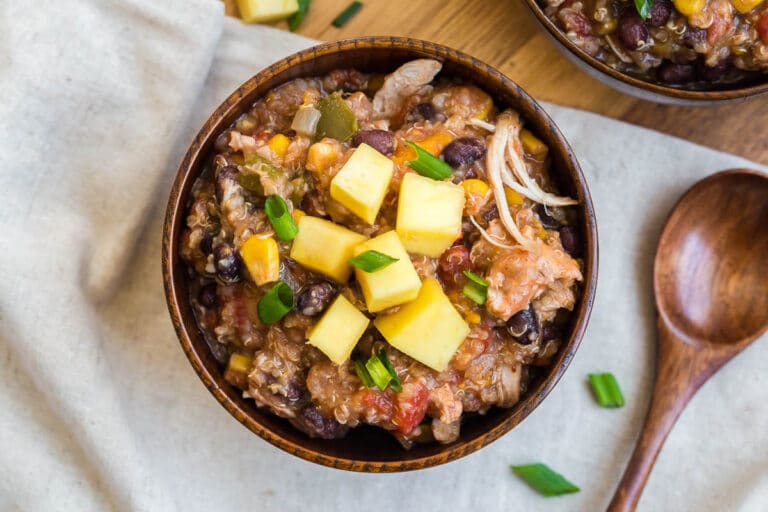 A bowl of slow cooker chicken quinoa chili.