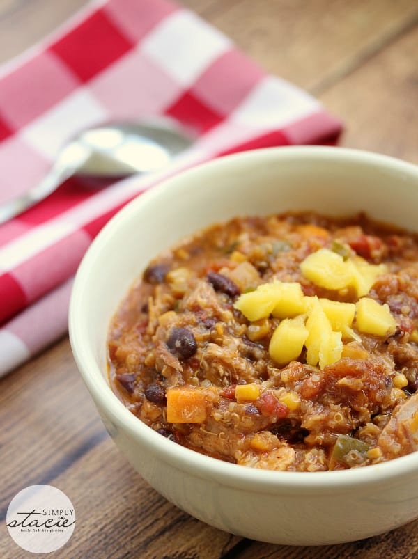 Slow Cooker Quinoa Chicken Chili - a delicious twist on a classic! Made with quinoa, mango and a surprise ingredient.