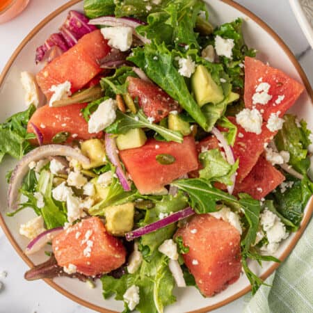 Watermelon and feta salad on a plate.